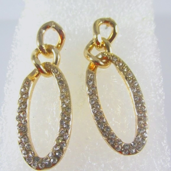 Vintage Twist Oval Crystal 14k Gold Dipped Post Drop Earrings - Picture 1 of 8